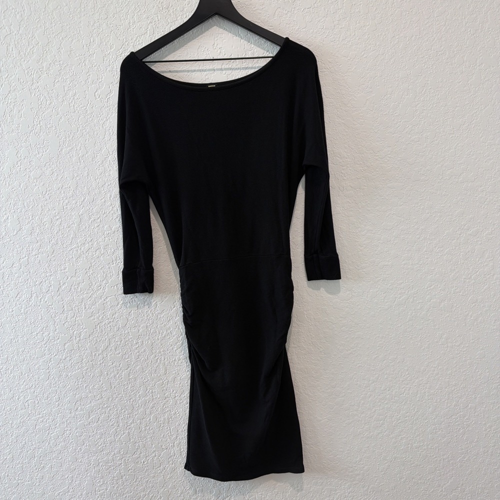 Monrow Cotton Rayon Black Ruched Knit Black Dress Size Xs Stretchy 3/4 Sleeves